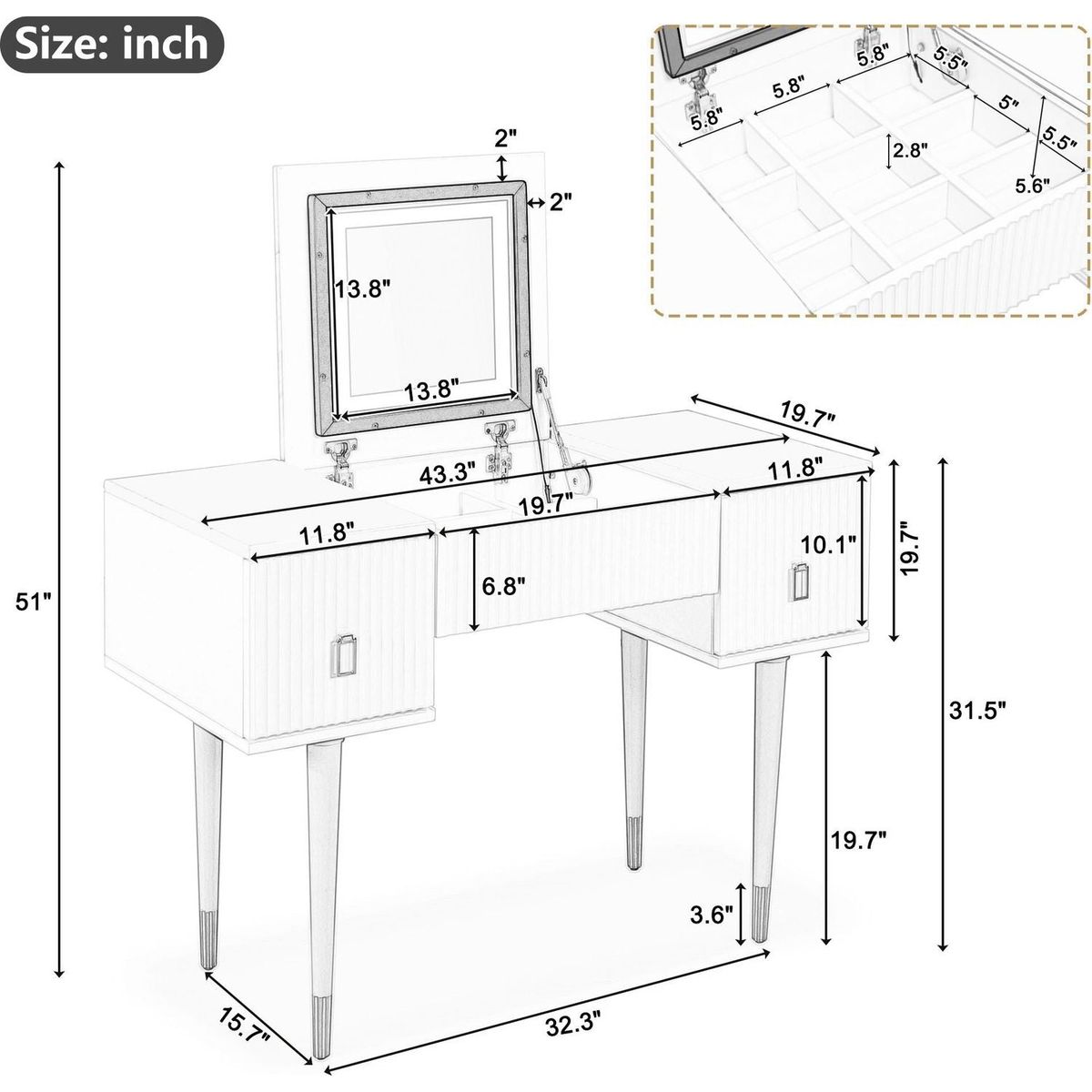 43.3" Modern Vanity Table Set with Flip-top Mirror and LED Light, Dressing Table with Customizable Storage, White and Black