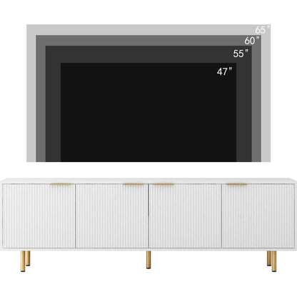White Modern TV Stand Fluted 68" with Power Outlet, Entertainment Center with Storage Doors, TV Console Media Cabinet, for 55+ Inch TV, Living Room