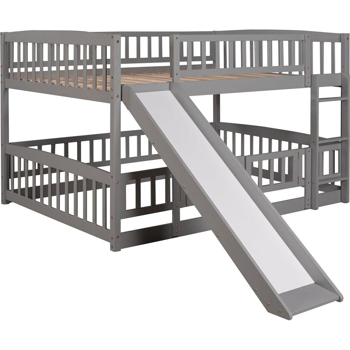 Bunk Bed with Slide,Full Over Full Low Bunk Bed with Fence and Ladder for Toddler Kids Teens Gray
