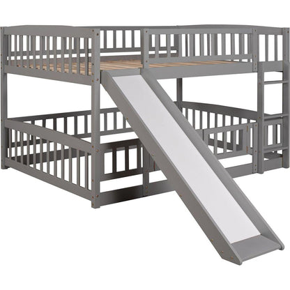 Bunk Bed with Slide,Full Over Full Low Bunk Bed with Fence and Ladder for Toddler Kids Teens Gray