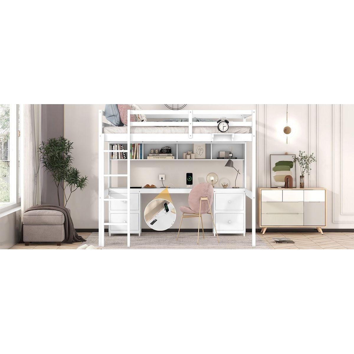 Full Size Loft Bed with Desk, Cabinets, Drawers and Bedside Tray, Charging Station, White