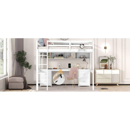 Full Size Loft Bed with Desk, Cabinets, Drawers and Bedside Tray, Charging Station, White