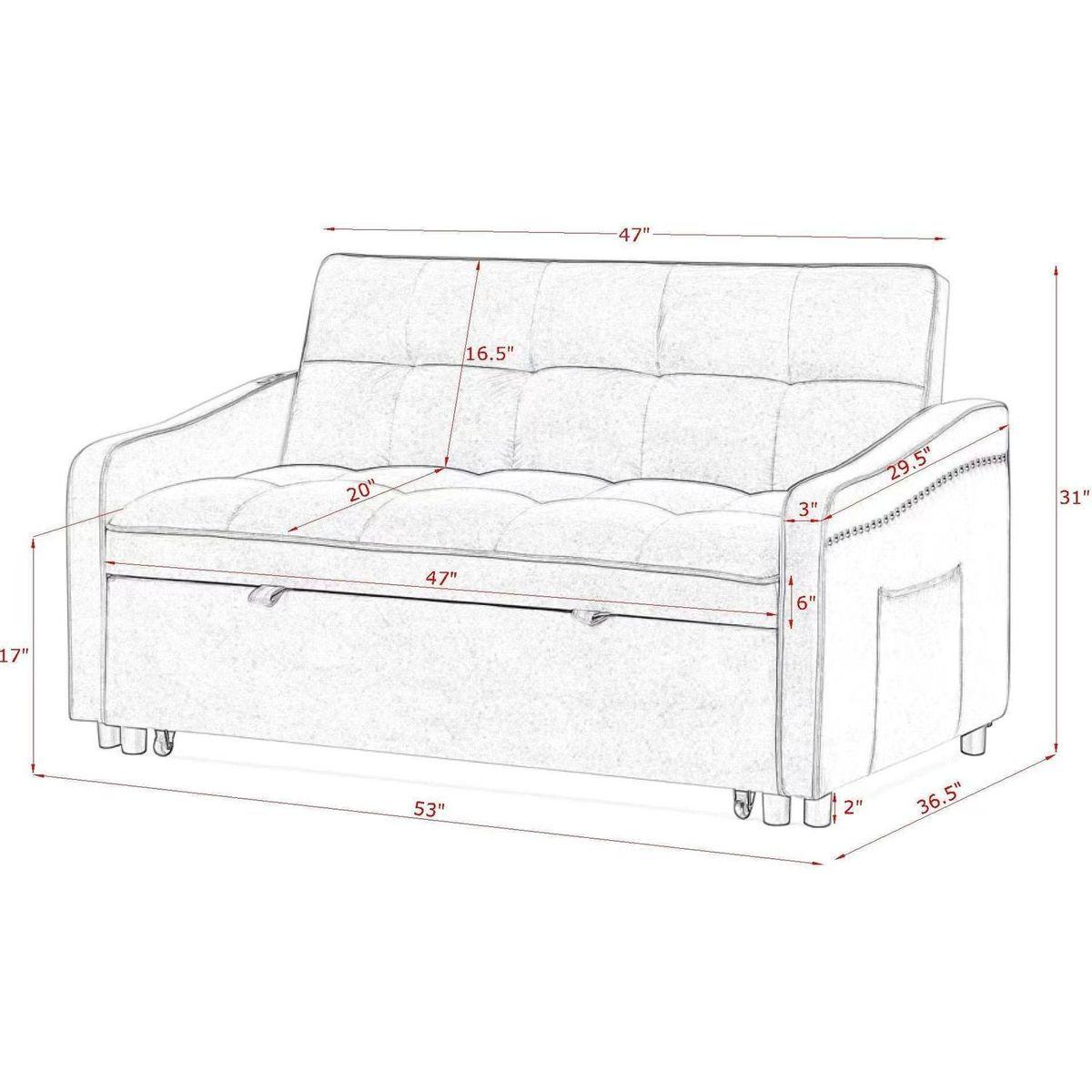 Loveseats Sofa Bed with Pull-out Bed,Adjustable Back and Two Arm Pocket,TypeC and USB Charging with Copper nail,Blue (47"x53"x31")