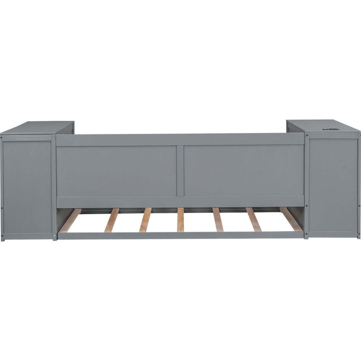 Twin Size Daybed with Storage Arms, Trundle and Charging Station, Gray