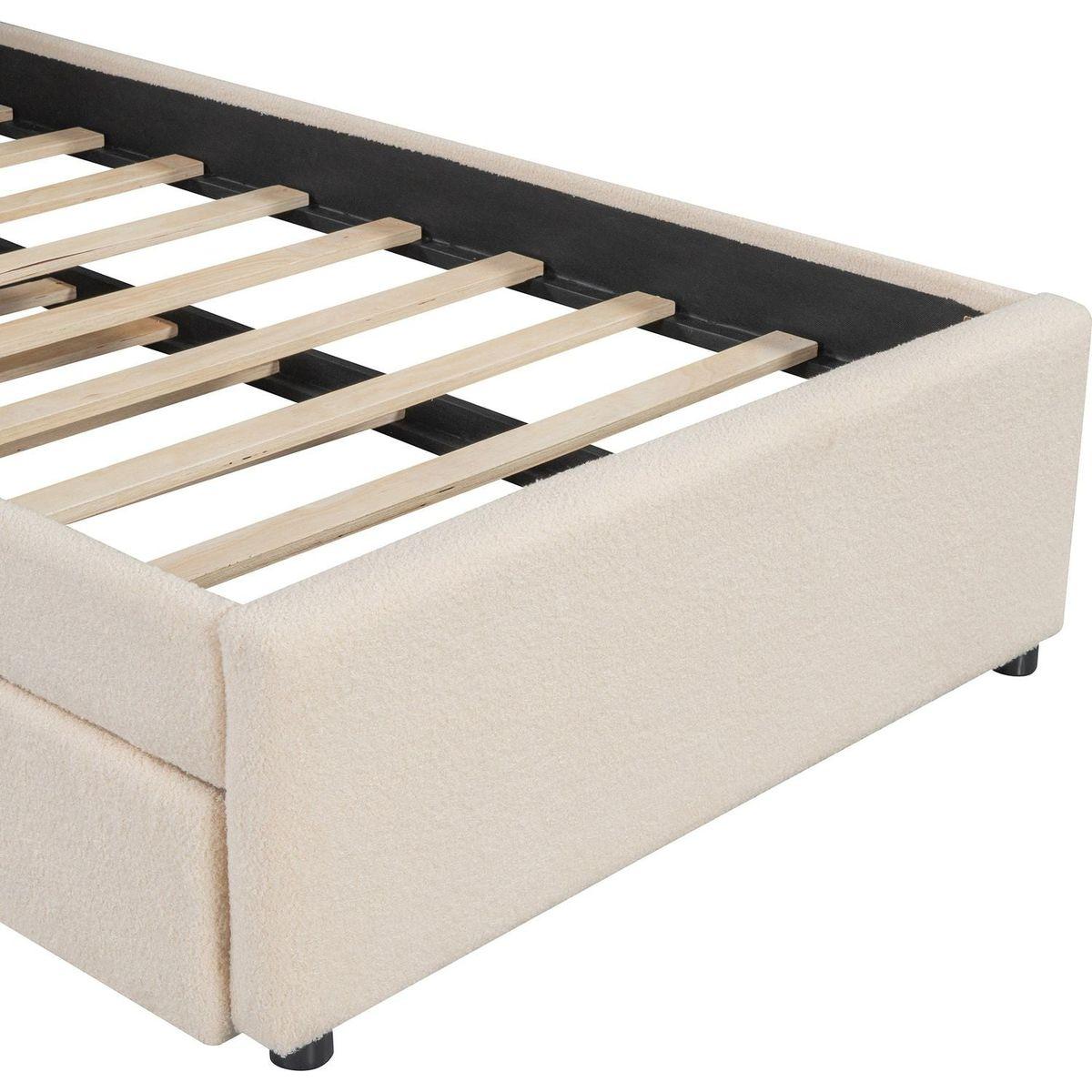 Teddy Fleece Twin Size Upholstered Platform Bed with Trundle, Beige