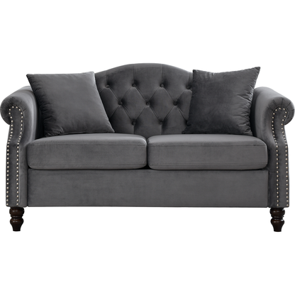 57" Chesterfield Sofa Grey Velvet for Living Room, 2 Seater Sofa Tufted Couch with Rolled Arms and Nailhead for Living Room, Bedroom, Office, Apartment, two pillows