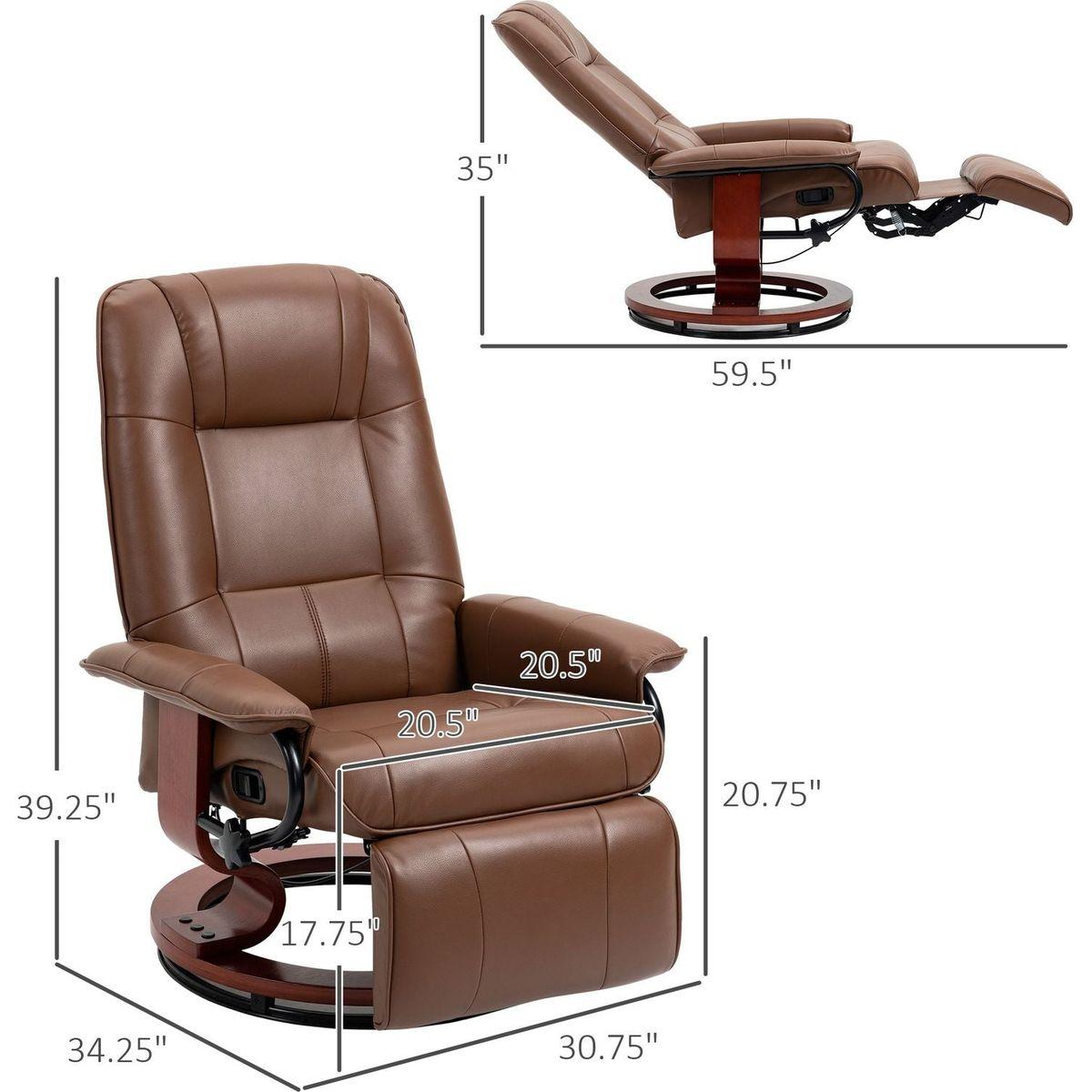 Faux Leather Manual Recliner, Adjustable Swivel Lounge Chair with Footrest, Armrest and Wrapped Wood Base for Living Room, Brown