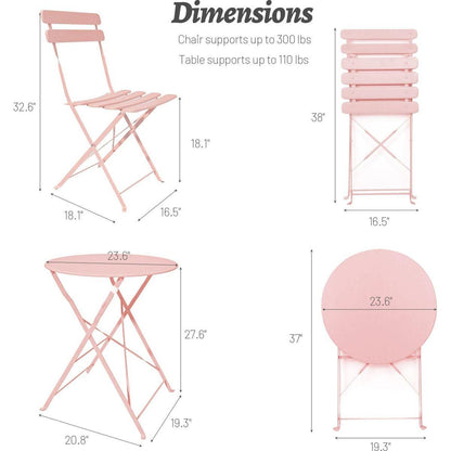 3 Pieces Patio Bistro Balcony Metail Chair Table Set-Pink