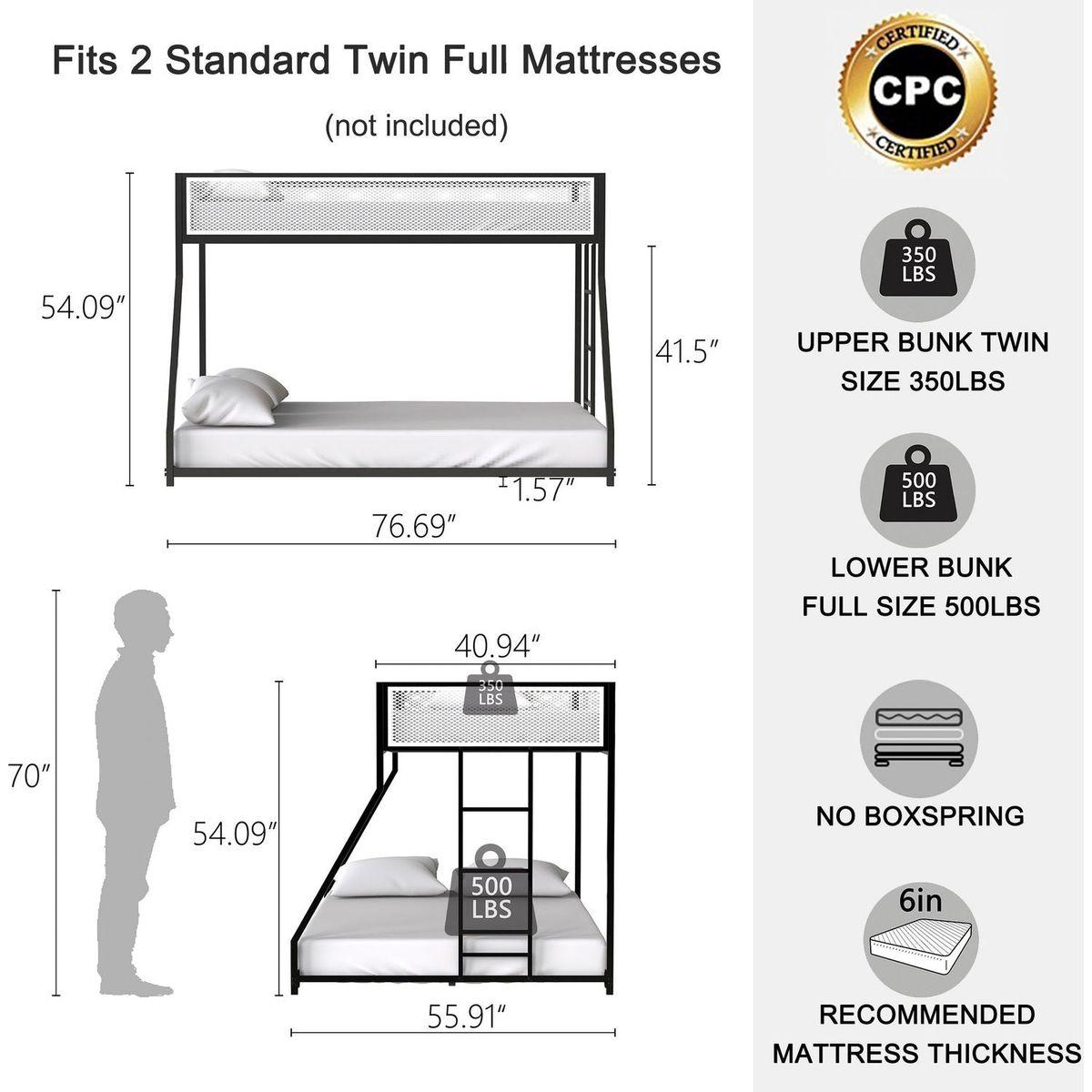 Adam Twin Full Bunk Black with White Mesh Guard Rail for Kids and Adult, Low Profile and Easy Climbing with Stable Ladder