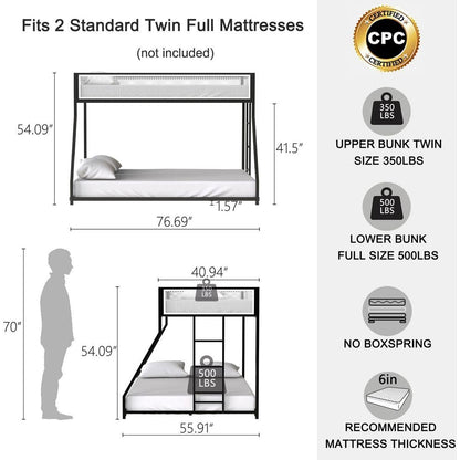 Adam Twin Full Bunk Black with White Mesh Guard Rail for Kids and Adult, Low Profile and Easy Climbing with Stable Ladder