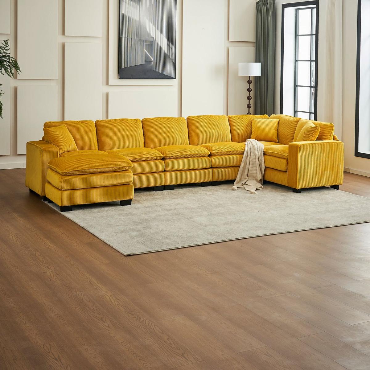 Modern U Shaped 6-seat Sectional Sofa Couch with one Ottoman and three toss pillows, Modular Sofa for Living Room,Corduroy sofa