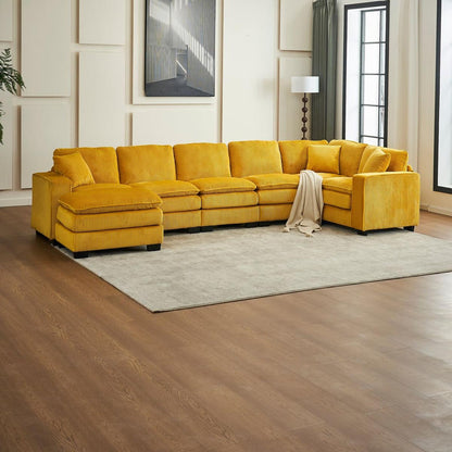 Modern U Shaped 6-seat Sectional Sofa Couch with one Ottoman and three toss pillows, Modular Sofa for Living Room,Corduroy sofa