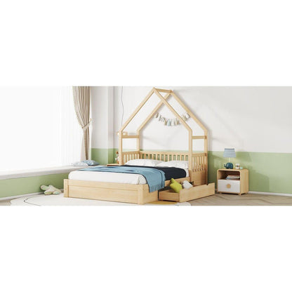 Wood Queen Size House Platform Bed with Guardrail and 2 Drawers, Natural