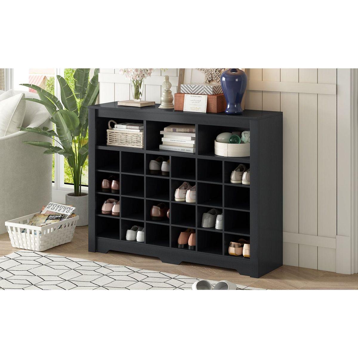 Sleek Design 24 Shoe Cubby Console, Modern Shoe Cabinet with Curved Base, Versatile Sideboard with High-quality for Hallway, Bedroom, Living Room, Black