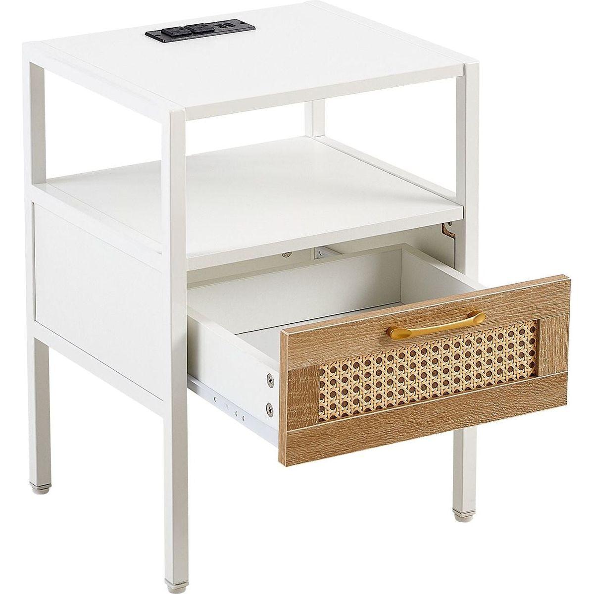 Set of 2, 15.75" Rattan End table with Power Outlet & USB Ports, Modern nightstand with drawer and metal legs, side table for living room, bedroom,white