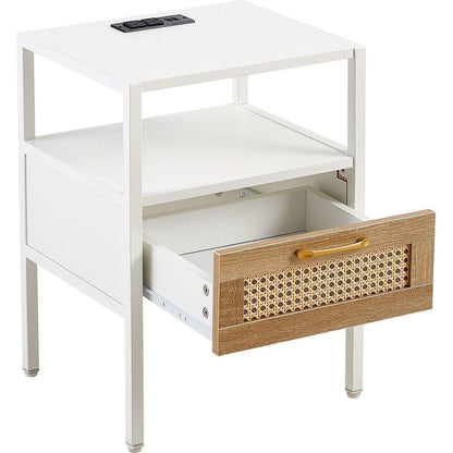 Set of 2, 15.75" Rattan End table with Power Outlet & USB Ports, Modern nightstand with drawer and metal legs, side table for living room, bedroom,white