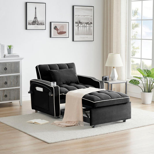 1 versatile foldable sofa bed in 3 lengths, modern sofa sofa sofa velvet pull-out bed, adjustable back and with USB port and ashtray and swivel phone stand black