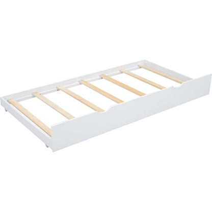 Full Size Wood Platform Bed with Headboard and Twin Size Trundle, White - Streamdale Furniture