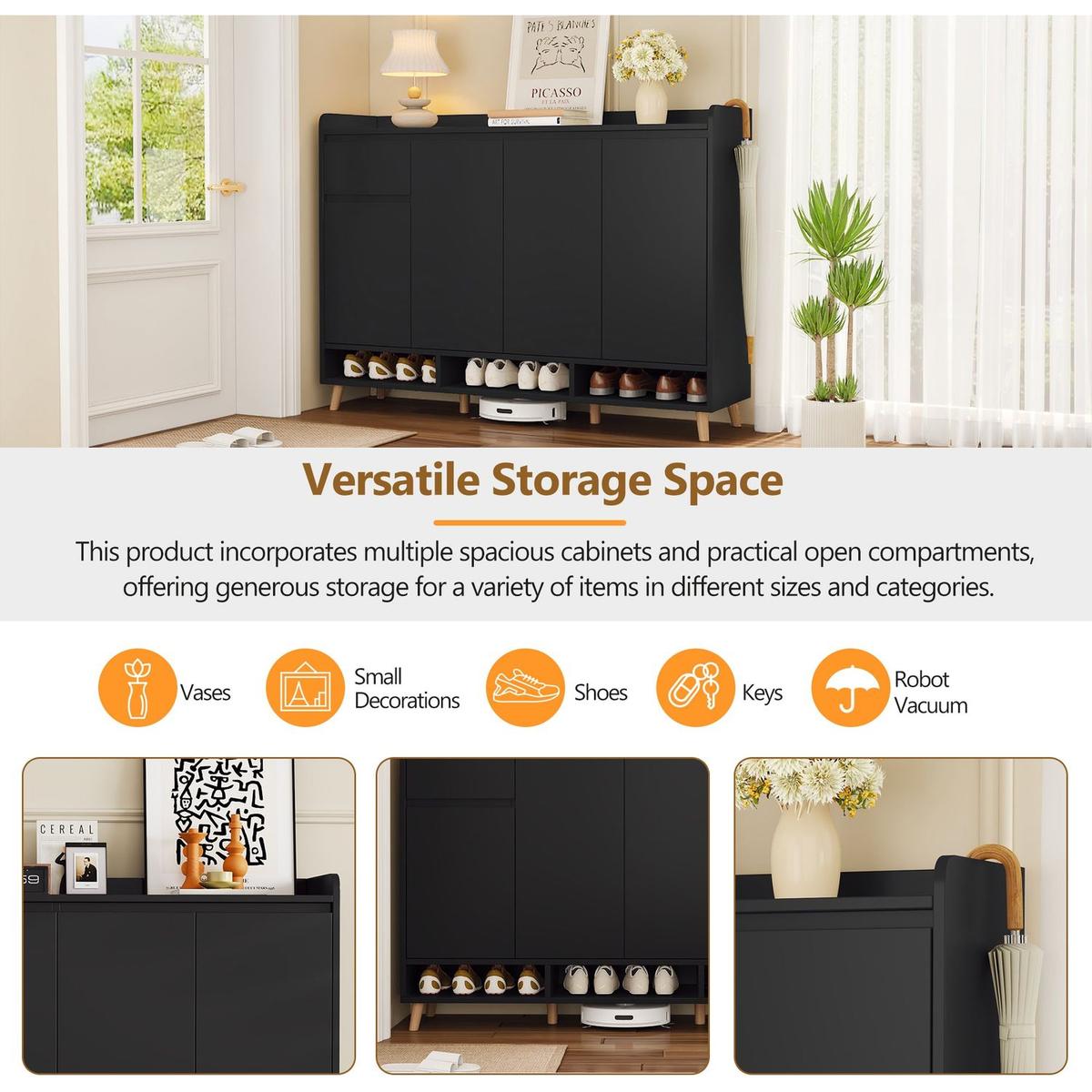 Sleek and Contemporary Shoe Cabinet with Adjustable Shelves, Minimalist Home Organizer with Solid Wood Legs, Storage Sideboard for Entryway, Living Room, Black