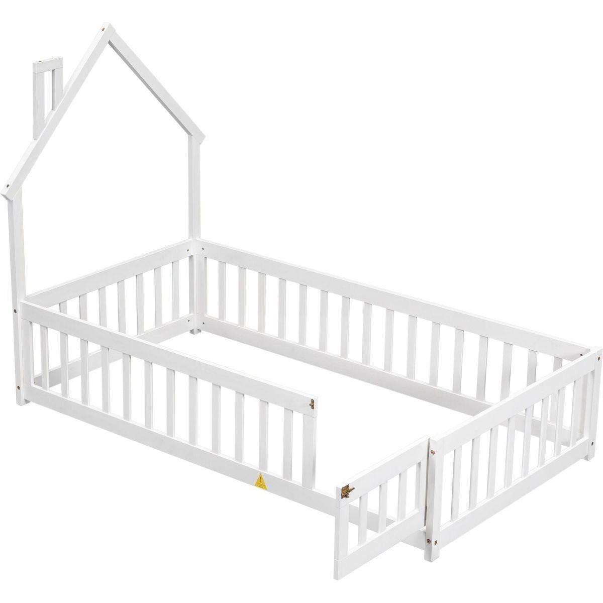 Twin House-Shaped Headboard Floor Bed with Fence,White