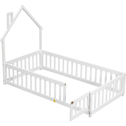 Twin House-Shaped Headboard Floor Bed with Fence,White