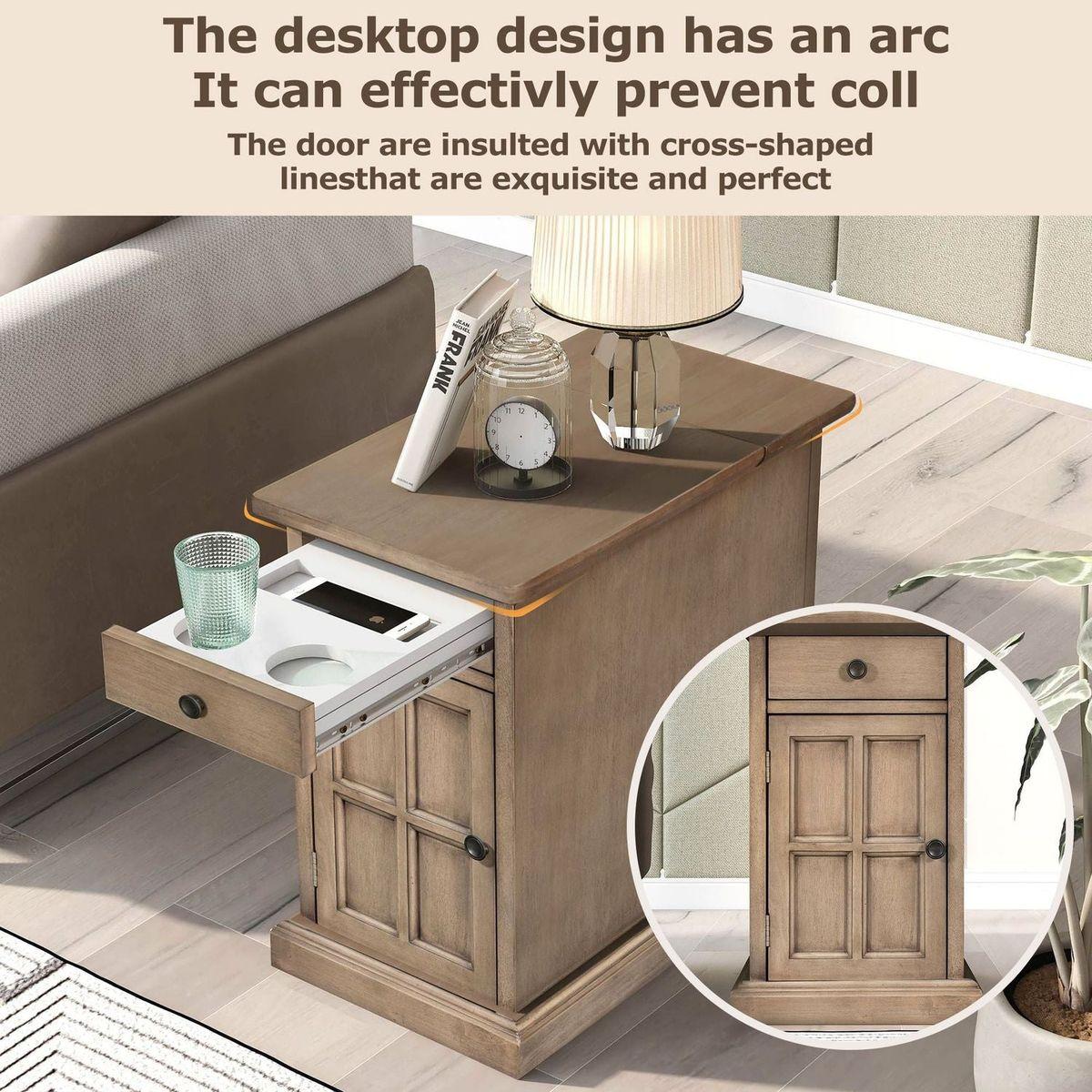 Classic Vintage Livingroom End Table Side Table with USB Ports and One Multifunctional Drawer with cup holders, Antique Brown