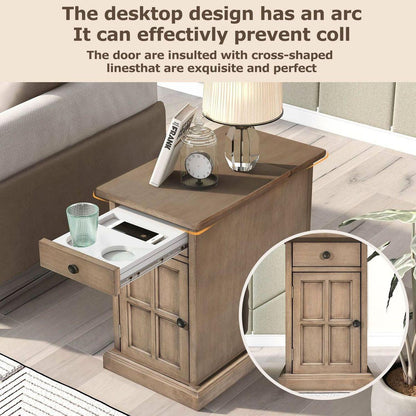 Classic Vintage Livingroom End Table Side Table with USB Ports and One Multifunctional Drawer with cup holders, Antique Brown