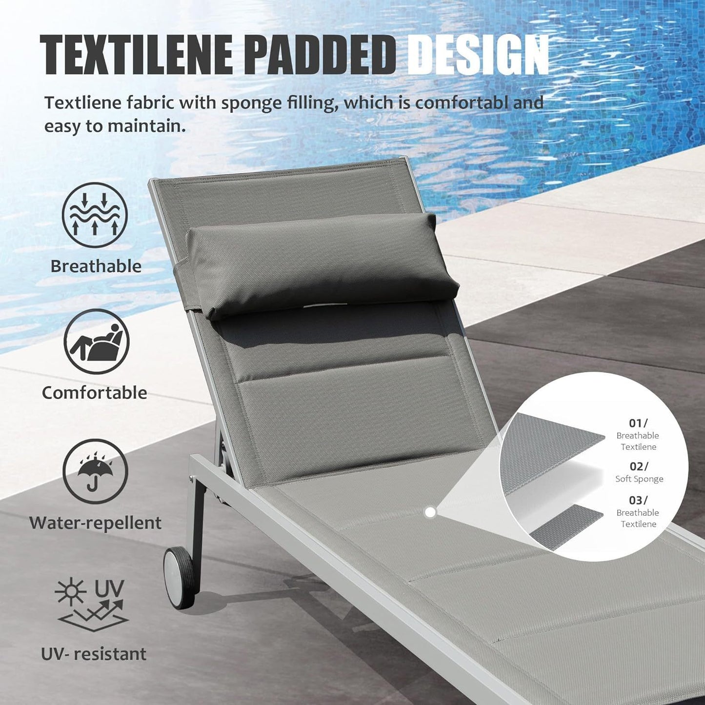 Outdoor Patio Chaise Lounge Set of 3, Aluminum Pool Lounge Chairs with Side Table and Wheels, Textilene Padded Adjustable Recliner All Weather for Poolside, Beach, Yard, Balcony (Gray)