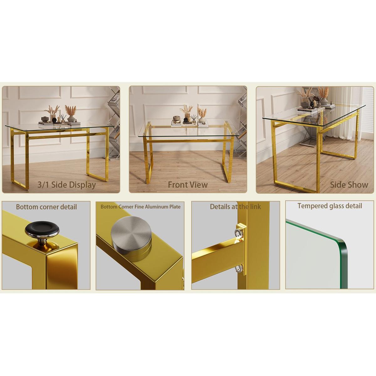 Modern Minimalist Rectangular Glass Dining Table for 4-6 with 0.31" Tempered Glass Tabletop and Golden Chrome Metal Legs, Writing Table Desk, for Kitchen Dining Living Room, 51" W x 27"D x 30" H