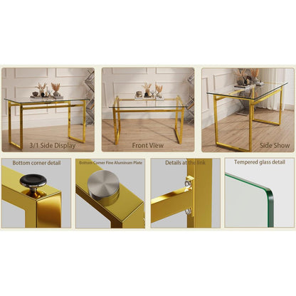 Modern Minimalist Rectangular Glass Dining Table for 4-6 with 0.31" Tempered Glass Tabletop and Golden Chrome Metal Legs, Writing Table Desk, for Kitchen Dining Living Room, 51" W x 27"D x 30" H