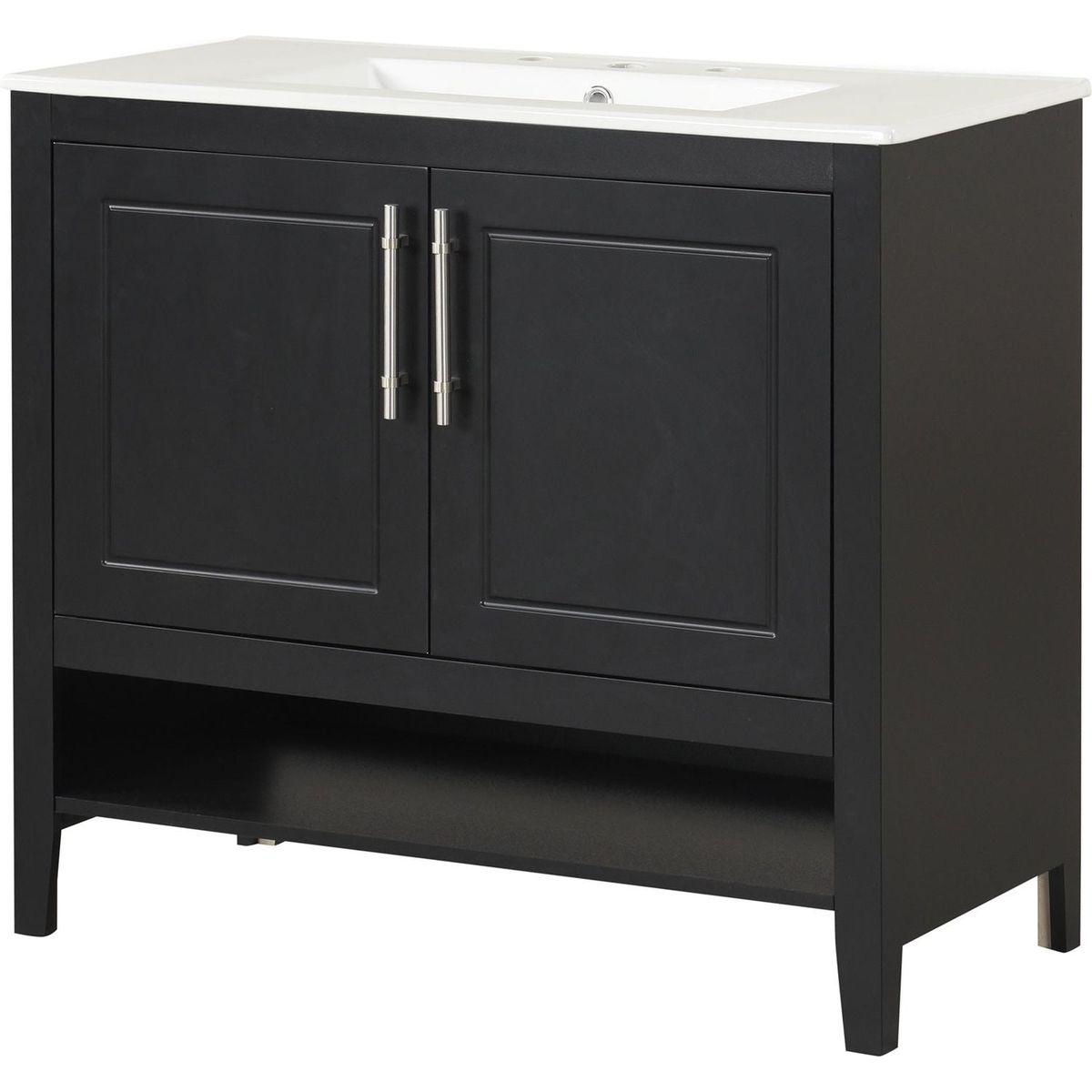 36" Bathroom Vanity with Sink, Multi-functional Bathroom Cabinet with Doors and Drawers, MDF Frame and MDF Board, Black