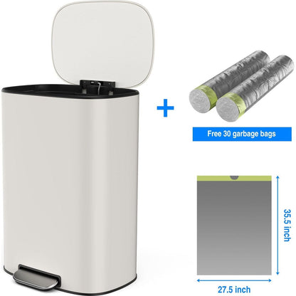 13 Gallon 50L Kitchen Foot Pedal Operated Soft Close Trash Can - Stainless Steel Ellipse Bustbin - White