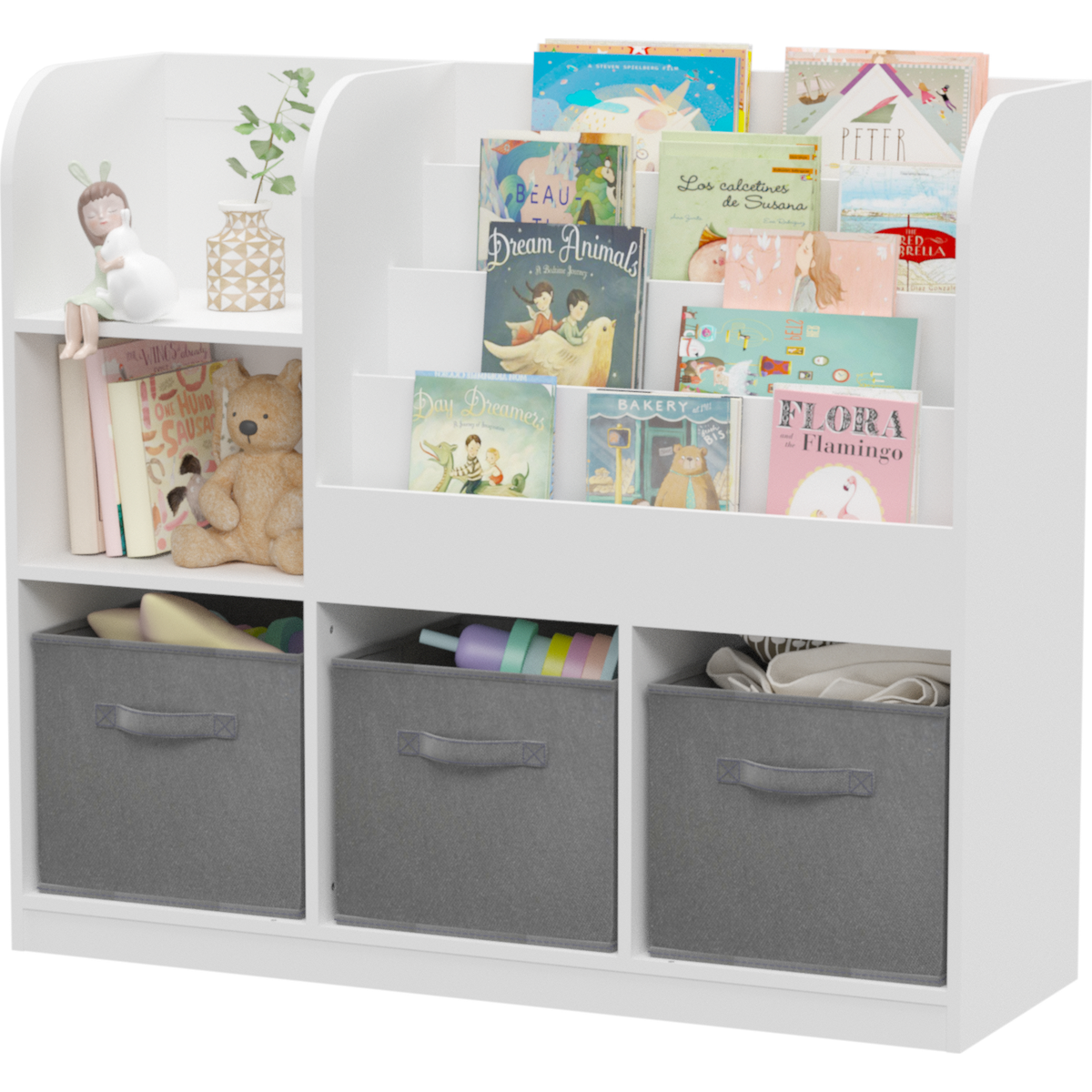 Kids Bookcase and Bookshelf, Multifunctional Bookcase with 3 Collapsible Fabric Drawers, Bookcase Display Stand, Toy Storage Organizer for Bedroom, Playroom, Hallway (White/Gray)