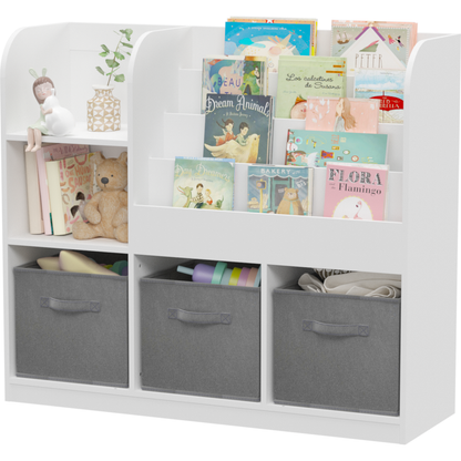 Kids Bookcase and Bookshelf, Multifunctional Bookcase with 3 Collapsible Fabric Drawers, Bookcase Display Stand, Toy Storage Organizer for Bedroom, Playroom, Hallway (White/Gray)