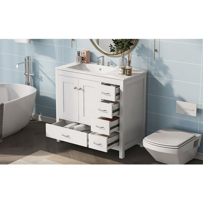 36" White Bathroom Vanity with Ceramic Sink Combo, Abundant Storage Cabinet -2 Soft-close doors and 5 drawers