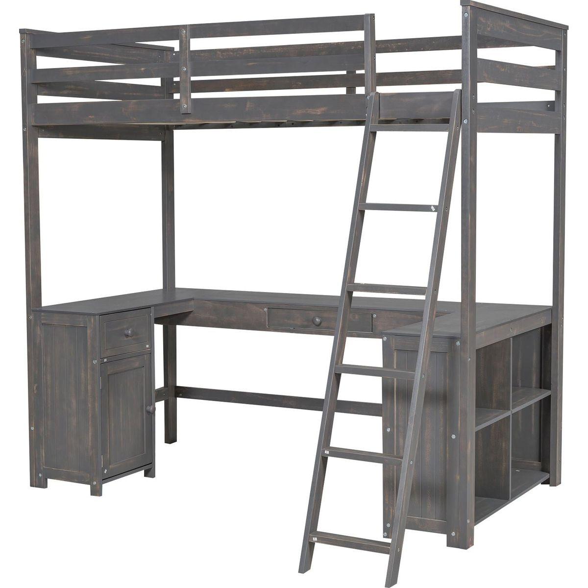 Twin Size Loft Bed with U-shaped Desk, Drawers and Storage Shelves, Antique Brown