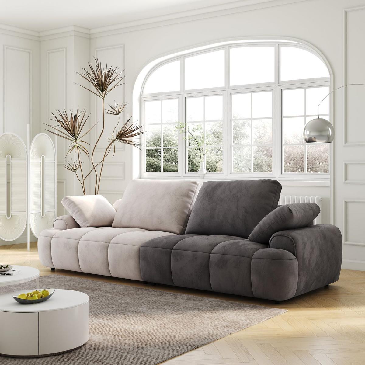 86.6"Large size two Seat Sofa,Modern Upholstered,Beige paired with grey suede fabric