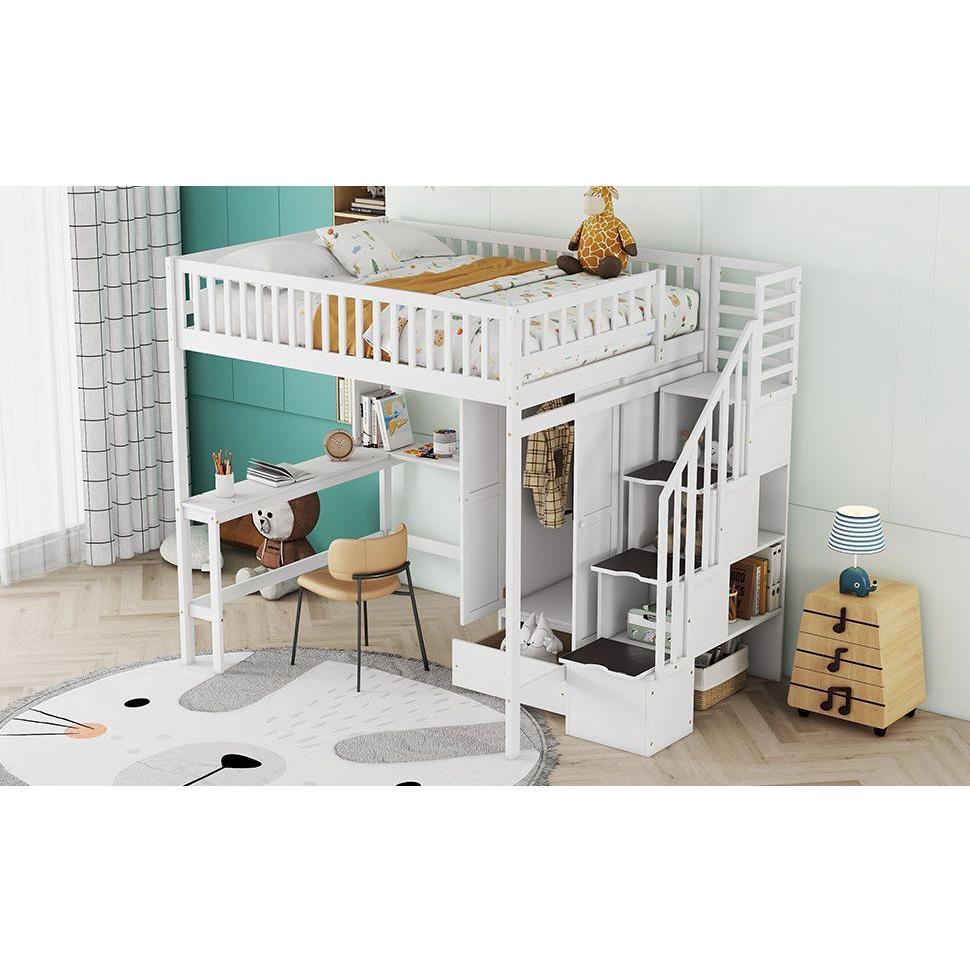 Full size Loft Bed with Bookshelf,Drawers,Desk,and Wardrobe-White