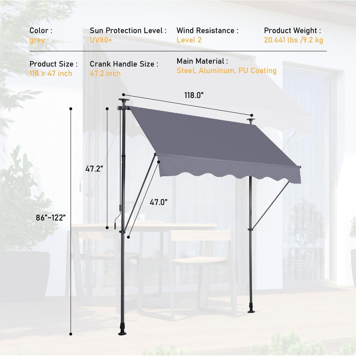 Manual Retractable Awning-118" Non-Screw Outdoor Sun Shade Cover with UV Protection "100% Polyester Made Outdoor Canopy Adjustable Patio Door Window Awning Canopy Sun Shade Curtain for Backyard,Gay