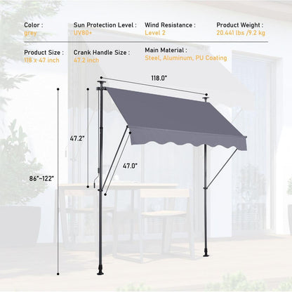 Manual Retractable Awning-118" Non-Screw Outdoor Sun Shade Cover with UV Protection "100% Polyester Made Outdoor Canopy Adjustable Patio Door Window Awning Canopy Sun Shade Curtain for Backyard,Gay