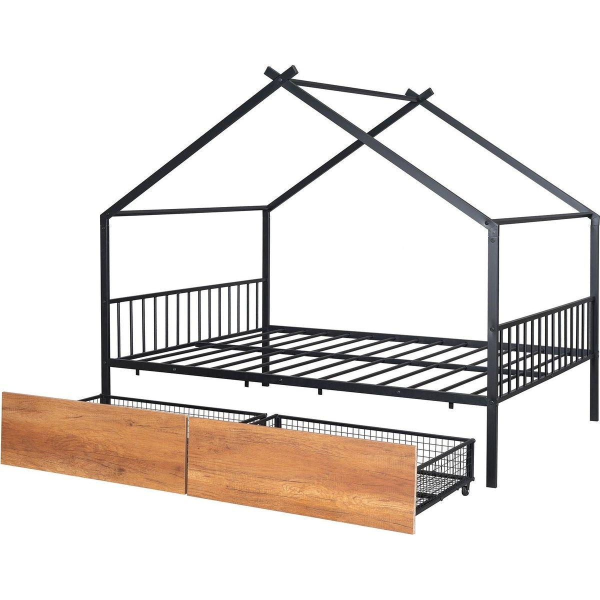 Full Size Metal House Bed with Two Drawers, Black
