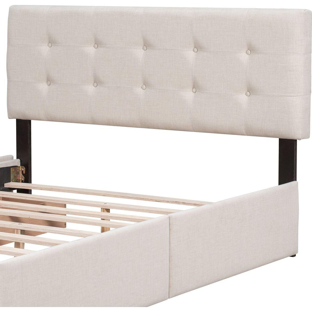 Upholstered Platform Bed with Classic Headboard and 4 Drawers, No Box Spring Needed, Linen Fabric, Queen Size Beige