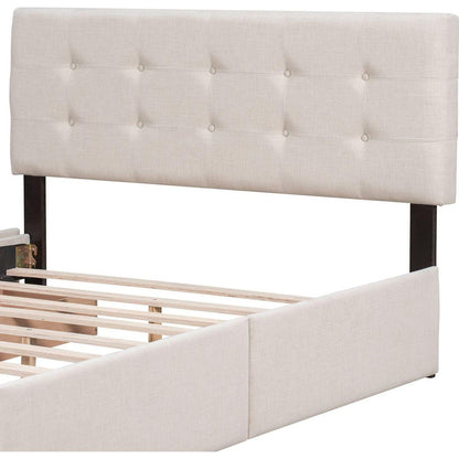 Upholstered Platform Bed with Classic Headboard and 4 Drawers, No Box Spring Needed, Linen Fabric, Queen Size Beige