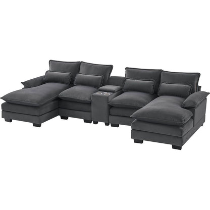 123x55" Modern U-shaped Sofa with Console,Cupholders and USB Ports,6-seat Upholstered Symmetrical Indoor Furniture,Sleeper Couch Set with Chaise for Living Room,Apartment,2 Colors