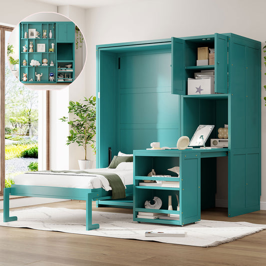 Twin Size Rotating Wall Murphy Beds with Bookshelf, Top Cabinet, Extendable Desk & Side Storage, Teal
