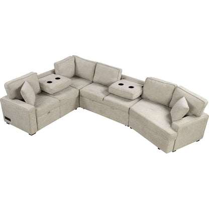 126" L-shaped Sofa Sectional Sofa Couch Pull-out Sofa Bed with Charging Devices and Cup Holders for Living Room, Beige