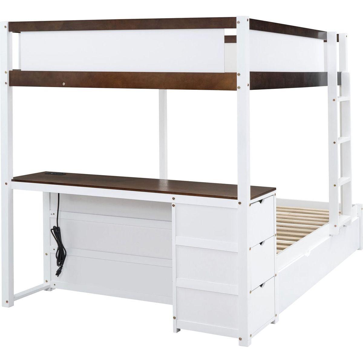 Full-Over-Full Bunk Bed with Twin size Trundle, Storage and Desk, White+Walnut