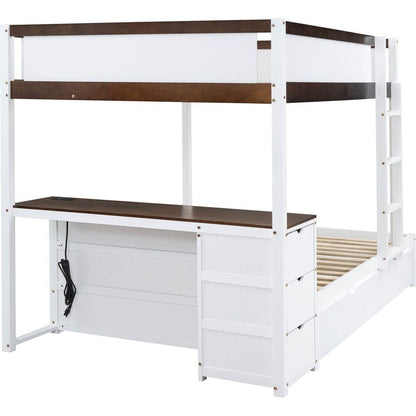 Full-Over-Full Bunk Bed with Twin size Trundle, Storage and Desk, White+Walnut