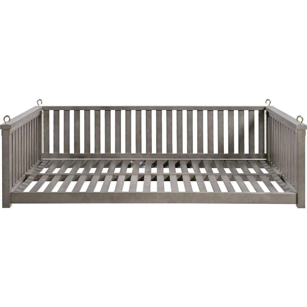 Patio Minimalist Twin Size Garden Swing Bed Wood Porch Swing with Ropes for Backyard, Safe Sloped Design, Gray