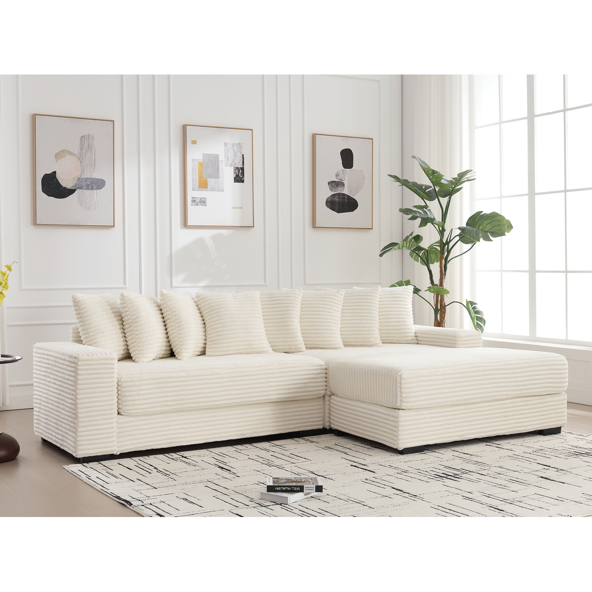 Oversized Two-Piece Couches, L Shaped Sofa, Corduroy, Right Chaise Daybed,with Armrests,Eight Throw Pillows,Corner Sofa,Easy To Assemble, Beige
